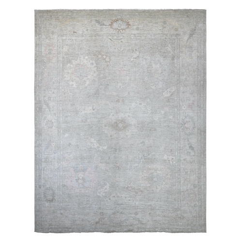 Misty Gray, Afghan Angora Oushak with Large Leaf Design, 100% Wool, Hand Knotted, Vegetable Dyes, Oversized, XL, Oriental 