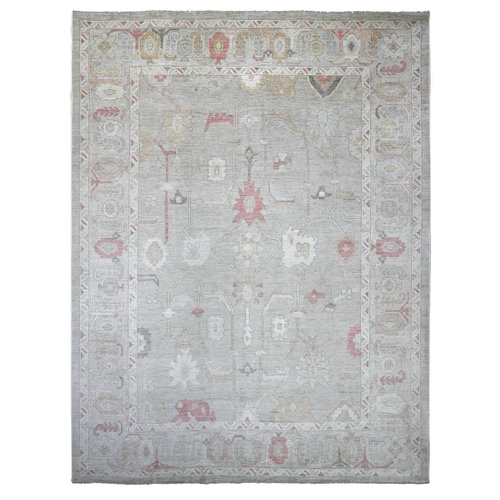 Pastel Gray, Afghan Angora Oushak with All Over Leaf Design, 100% Wool, Hand Knotted, Vegetable Dyes, XL, Oversized, Oriental 