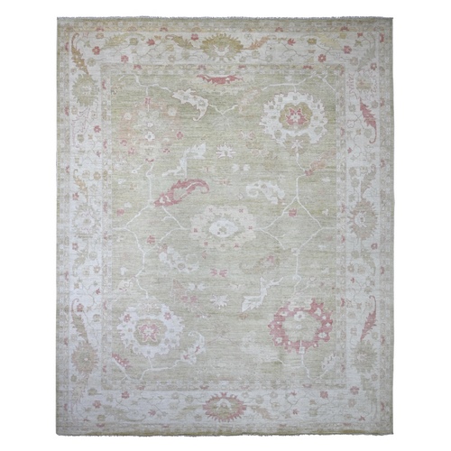Light Green, Afghan Angora Oushak with Large Leaf Design, 100% Wool, Hand Knotted, Vegetable Dyes, XL, Oversized, Oriental 
