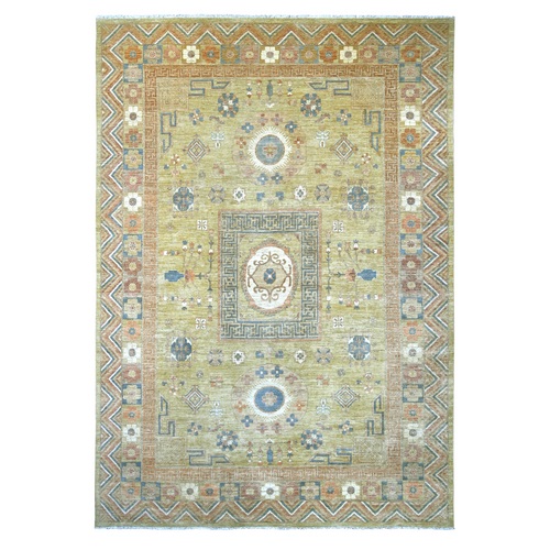 Olive Green, Peshawar with Khotan Design, Natural Dyes, Hand Knotted, Pure Wool, Oriental 