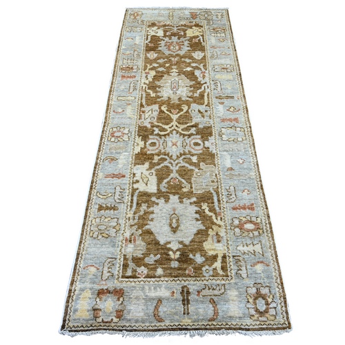 Mocha Brown, Afghan Angora Oushak with Large Leaf Design, 100% Wool, Hand Knotted, Vegetable Dyes, Runner, Oriental 