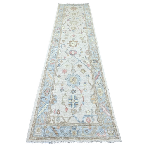 Oyster White, Afghan Angora Oushak with All Over Leaf Design, 100% Wool, Hand Knotted, Vegetable Dyes, Runner, Oriental 