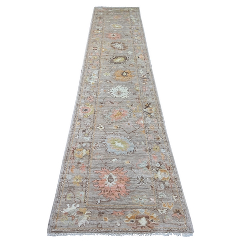Beaver Brown, Afghan Angora Oushak with All Over Leaf Design, Hand Knotted, 100% Wool, Vegetable Dyes, Runner, Oriental 