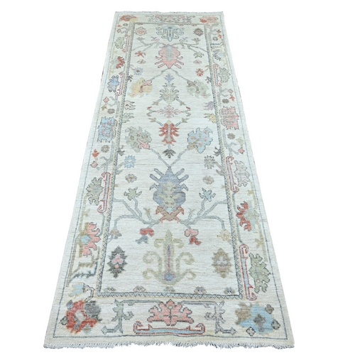 Daisy White, Afghan Angora Oushak with Colorful Leaf Design, Hand Knotted, 100% Wool, Vegetable Dyes, Runner, Oriental 