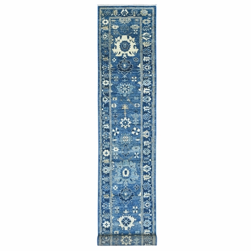 Denim Blue, Afghan Angora Oushak with All Over Leaf Design, Hand Knotted, 100% Wool, Vegetable Dyes, XL Runner, Oriental 