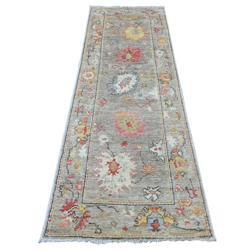 Stone Gray, Afghan Angora Oushak with All Over Leaf Design, Hand Knotted, 100% Wool, Natural Dyes, Runner, Oriental 