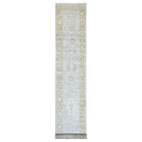 Light Gray, Afghan Angora Oushak with All Over Leaf Design, Hand Knotted, 100% Wool, Vegetable Dyes, XL Runner, Oriental 
