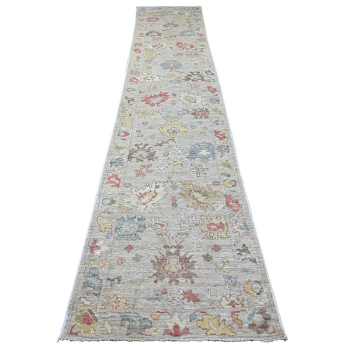 Light Gray, Afghan Angora Oushak with All Over Leaf Design, Hand Knotted, 100% Wool, Vegetable Dyes, XL Runner, Oriental 