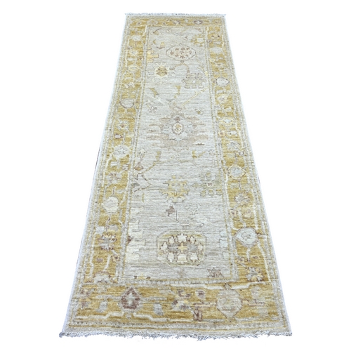 Light Gray, Hand Knotted, Afghan Angora Oushak with Large Leaf Design, 100% Wool, Vegetable Dyes, Runner, Oriental 