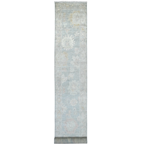 Beau Blue, Hand Knotted, Afghan Angora Oushak with Large Leaf Design, 100% Wool, Vegetable Dyes, XL Runner, Oriental 