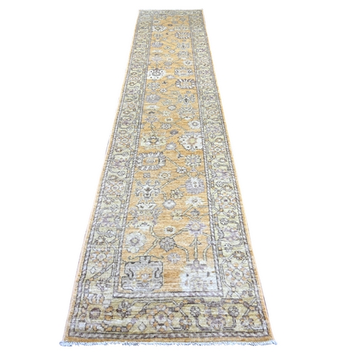 Golden Brown, Hand Knotted, Afghan Angora Oushak with All Over Leaf Design, 100% Wool, Vegetable Dyes, Runner, Oriental 