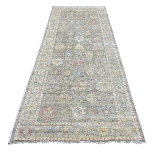Light Brown, Hand Knotted, 100% Wool, Afghan Angora Oushak with All Over Leaf Design, Vegetable Dyes, Wide Runner, Oriental 