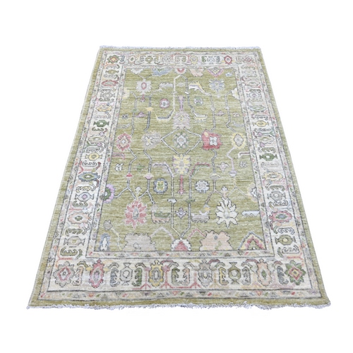 Olive Green, Hand Knotted, Afghan Angora Oushak with All Over Leaf Design, 100% Wool, Vegetable Dyes, Oriental 