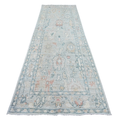 Light Blue, Afghan Angora Oushak with All Over Leaf Design, Hand Knotted, 100% Wool, Vegetable Dyes, Wide Runner, Oriental 