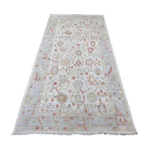 Alabaster White, Hand Knotted, Afghan Angora Oushak with All Over Leaf Design, 100% Wool, Vegetable Dyes, Wide Runner, Oriental 