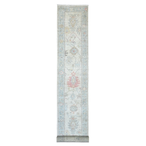 Oyster White, Hand Knotted, Afghan Angora Oushak with Large Leaf Design, 100% Wool, Vegetable Dyes, XL Runner, Oriental 