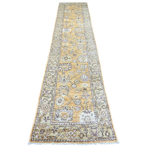 Golden Brown, Hand Knotted, Afghan Angora Oushak with All Over Leaf Design, 100% Wool, Vegetable Dyes, Runner, Oriental 