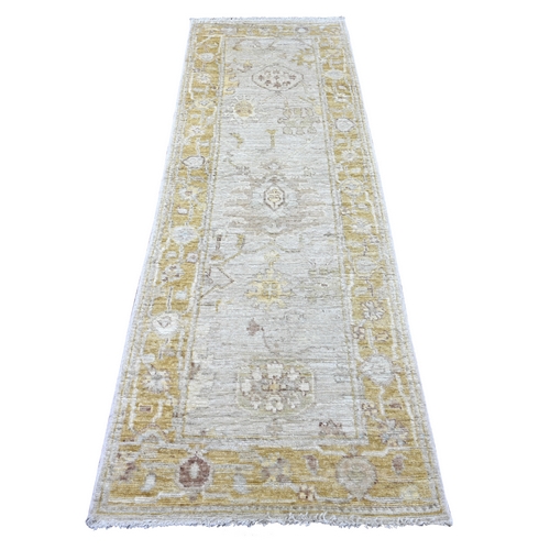 Light Gray, Afghan Angora Oushak with Large Leaf Design, Hand Knotted, 100% Wool, Vegetable Dyes, Runner, Oriental 