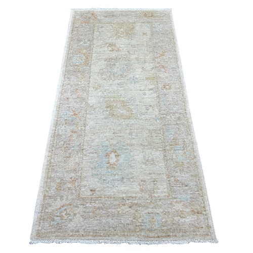 Light Gray, Afghan Angora Oushak with All Over Leaf Design, Hand Knotted, 100% Wool, Vegetable Dyes, Runner, Oriental 