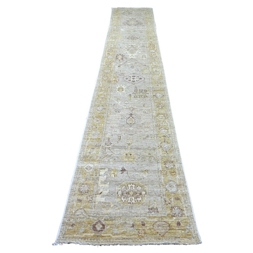 Stone Gray, Afghan Angora Oushak with All Over Leaf Design, Hand Knotted, 100% Wool, Vegetable Dyes, XL Runner, Oriental 