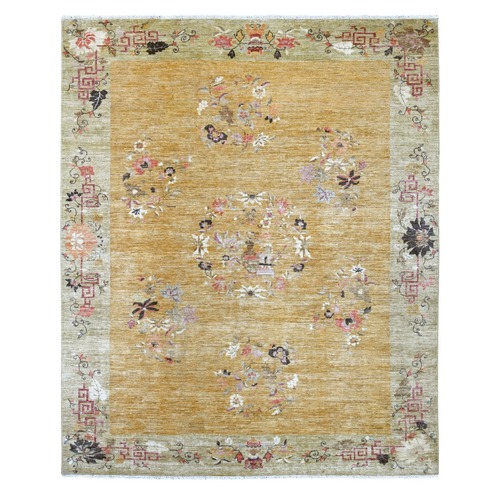 Golden Brown, Hand Knotted, Chinese Art Deco Inspired Peshawar, Soft and Velvety Wool, Vegetable Dyes, Oriental 