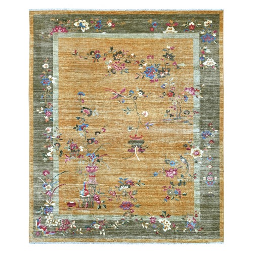 Golden Brown, Chinese Art Deco Inspired Peshawar, Vegetable Dyes, Hand Knotted, Soft and Vibrant Wool, Oriental 