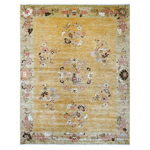 Golden Brown, Chinese Art Deco Inspired Peshawar, Soft and Shiny Wool, Vegetable Dyes, Hand Knotted, Oriental 