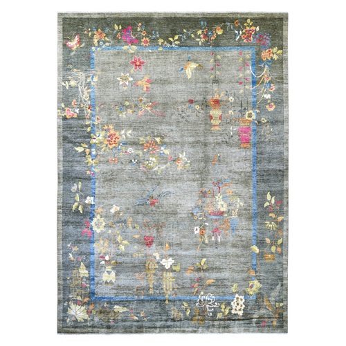 Spanish Gray, Chinese Art Deco Inspired Peshawar, Natural Dyes, 100% Wool, Hand Knotted, Oriental 