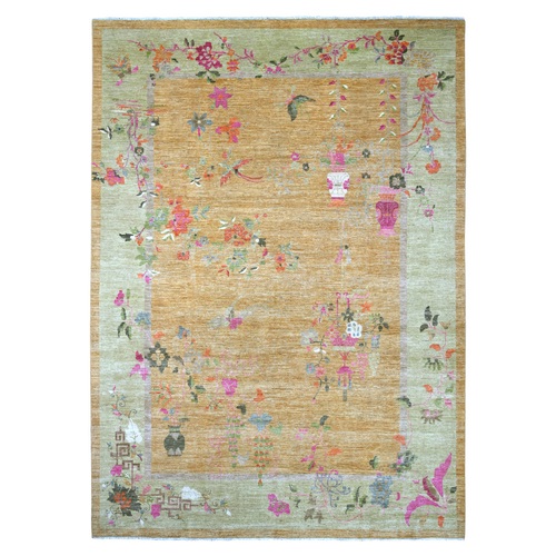 Golden Brown, Chinese Art Deco Inspired Peshawar, Hand Knotted, Soft and Velvety Wool, Vegetable Dyes, Oriental 