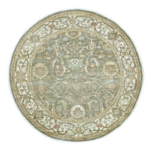 Sage Green, Peshawar with Ziegler Mahal Design, Hand Knotted, High Mountain Wool, Denser Weave, Round, Oriental 