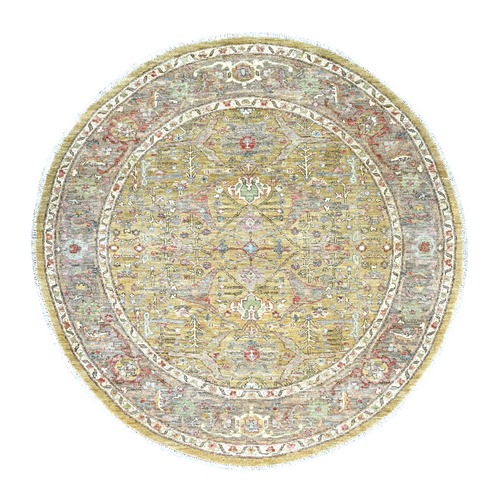 Golden Yellow, Peshawar with Bijar Garus Design, Hand Knotted, High Mountain Wool, Densely Woven, Round, Oriental 