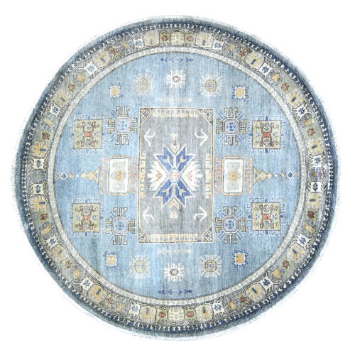 Beau Blue, Peshawar with Antique Caucasian Influence Design, Hand Knotted, High Mountain Wool, Densely Woven, Round, Oriental 