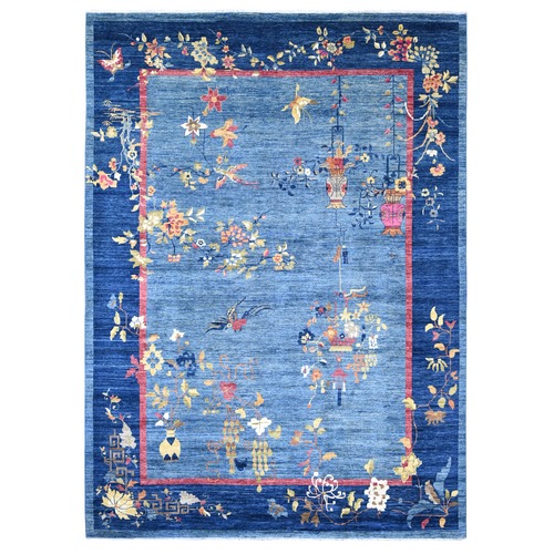 Imperial Blue, Chinese Art Deco Inspired Peshawar, Hand Knotted, Vegetable Dyes, Soft and Vibrant Wool, Oriental 