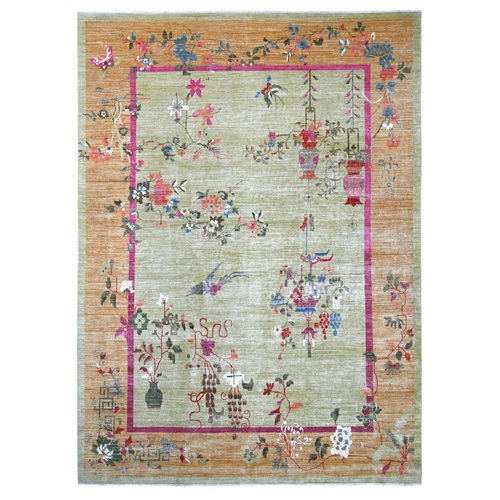 Swamp Green, Hand Knotted, Chinese Art Deco Inspired Peshawar, Soft and Velvety Wool, Vegetable Dyes, Oriental 