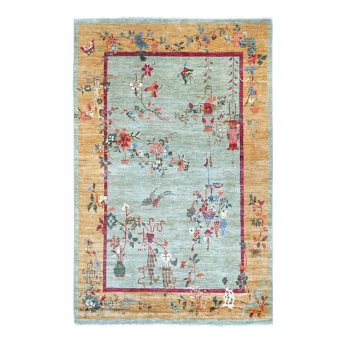 Pistachio Green, Chinese Art Deco Inspired Peshawar, Hand Knotted, Soft and Vibrant Wool, Vegetable Dyes, Oriental 