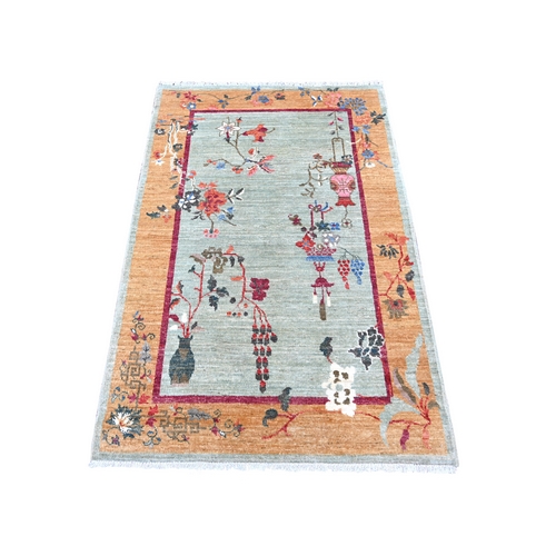 Pistachio Green, Chinese Art Deco Inspired Peshawar, Hand Knotted, Soft and Velvety Wool, Vegetable Dyes, Oriental 