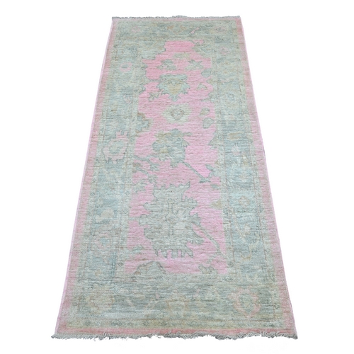 Bubblegum Pink, Afghan Angora Oushak with Large Leaf Design, Hand Knotted, 100% Wool, Vegetable Dyes, Runner, Oriental 
