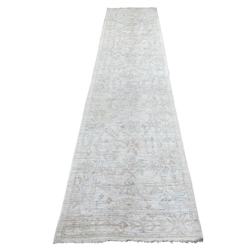 Alabaster White, Afghan Angora Oushak with All Over Leaf Design, Hand Knotted, 100% Wool, Vegetable Dyes, Runner, Oriental 
