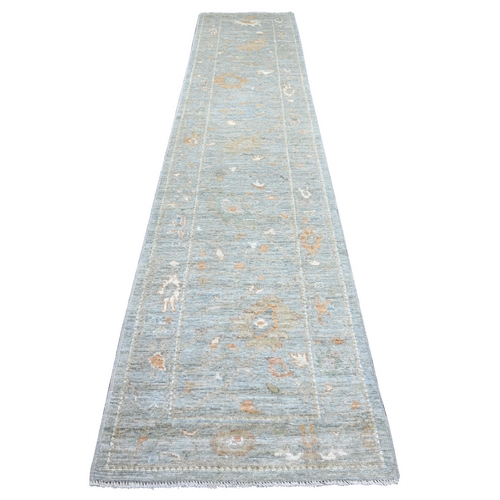 Misty Gray, Afghan Angora Oushak with All Over Leaf Design, Hand Knotted, 100% Wool, Vegetable Dyes, Runner, Oriental 