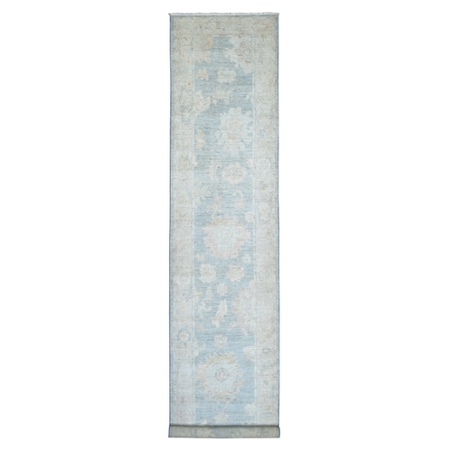 Beau Blue, Hand Knotted, Afghan Angora Oushak with Large Leaf Design, 100% Wool, Vegetable Dyes, XL Runner, Oriental 