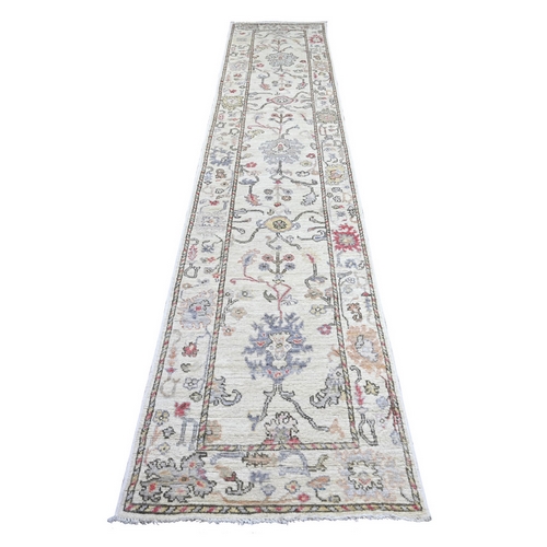 Chiffon White, Afghan Angora Oushak with All Over Leaf Design, Hand Knotted, 100% Wool, Vegetable Dyes, Runner, Oriental 
