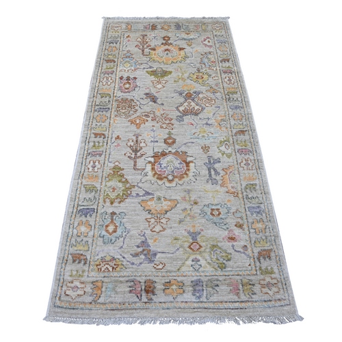 Pastel Gray, Afghan Angora Oushak with All Over Leaf Design, Hand Knotted, 100% Wool, Vegetable Dyes, Runner, Oriental 