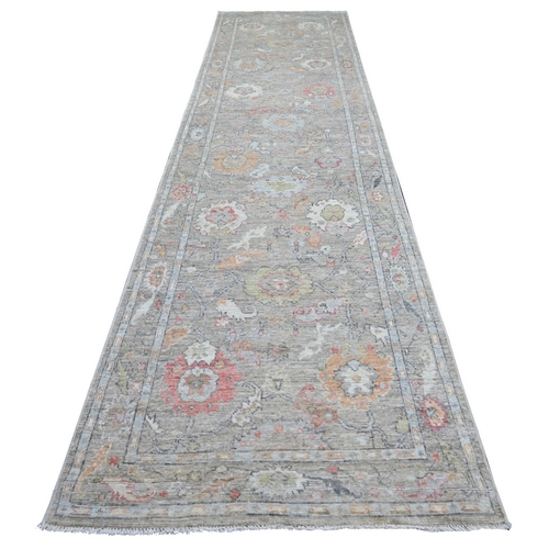 Fossil Gray, Afghan Angora Oushak with All Over Leaf Design, Hand Knotted, 100% Wool, Vegetable Dyes, Wide Runner, Oriental 