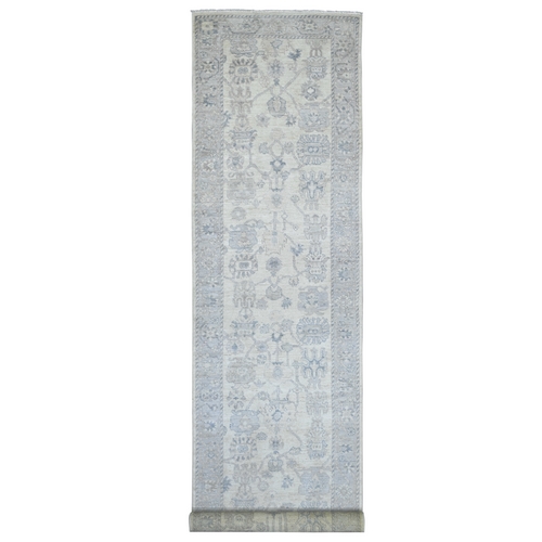 Pearl White, Afghan Angora Oushak with All Over Leaf Design, Hand Knotted, 100% Wool, Vegetable Dyes, XL Runner, Oriental 