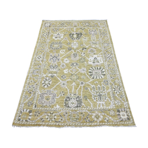 Savannah Green, Afghan Angora Oushak with All Over Leaf Design, Hand Knotted, 100% Wool, Vegetable Dyes, Oriental 