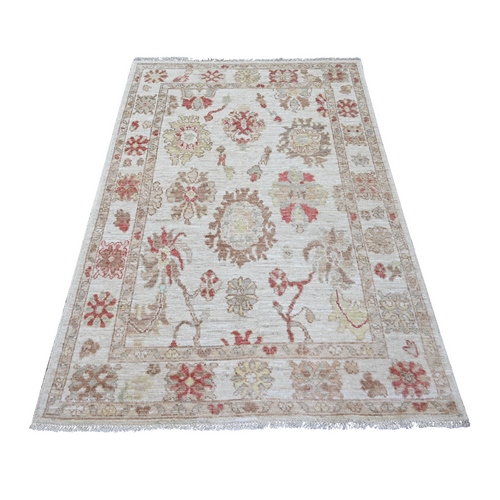 Daisy White, Afghan Angora Oushak with All Over Leaf Design, Hand Knotted, 100% Wool, Vegetable Dyes, Oriental 