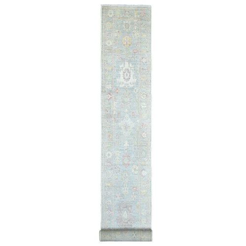 Blueish Gray, Afghan Angora Oushak with All Over Leaf Design, Hand Knotted, 100% Wool, Vegetable Dyes, XL Runner, Oriental 