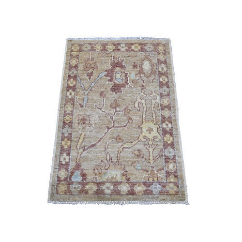 Light Brown, Afghan Angora Oushak with All Over Leaf Design, Hand Knotted, 100% Wool, Vegetable Dyes, Mat, Sample, Oriental 