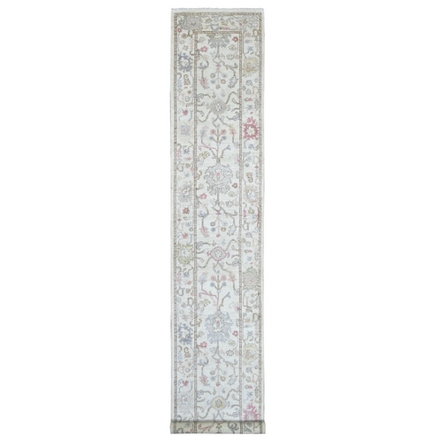 Daisy White, Afghan Angora Oushak with All Over Leaf Design, Hand Knotted, 100% Wool, Vegetable Dyes, XL Runner, Oriental 