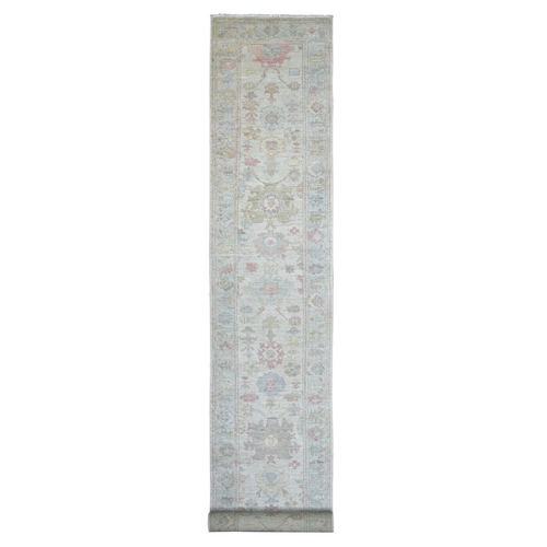 Oyster White, Afghan Angora Oushak with All Over Leaf Design, Hand Knotted, 100% Wool, Vegetable Dyes, XL Runner, Oriental 